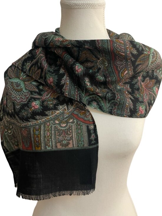 Accessories - 100% Wool Paisley Scarf Black Sage Green Burgundy Floral Fringe